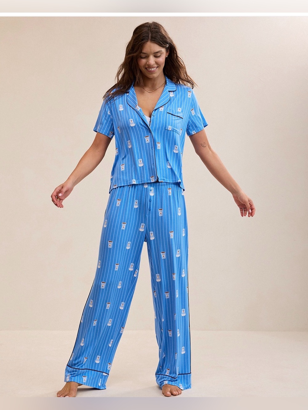 NWT Aerie Real Soft Piping PJ Pants Salty Air Coffee Print